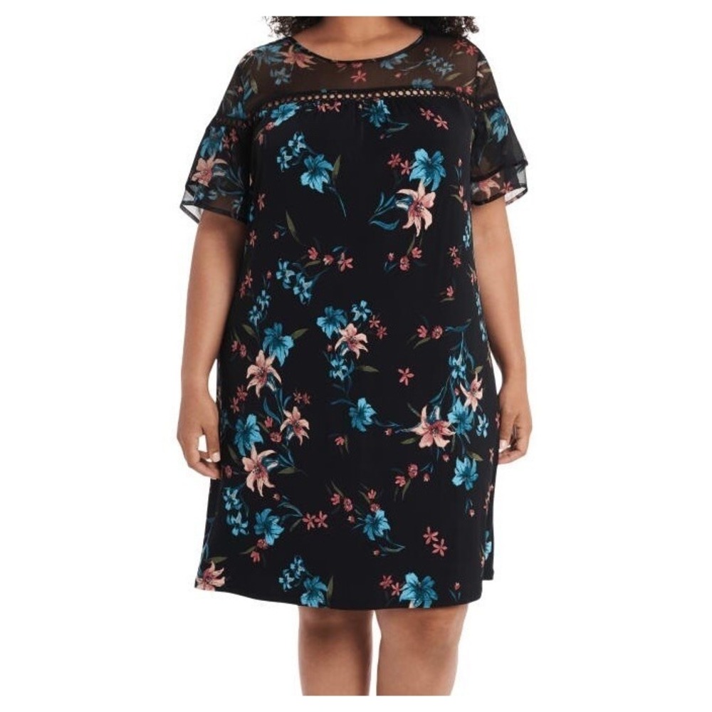 CeCe‎ Dress Women's Plus Size 2X Flowy Black Floral Sheer Neck Expressive Lilies